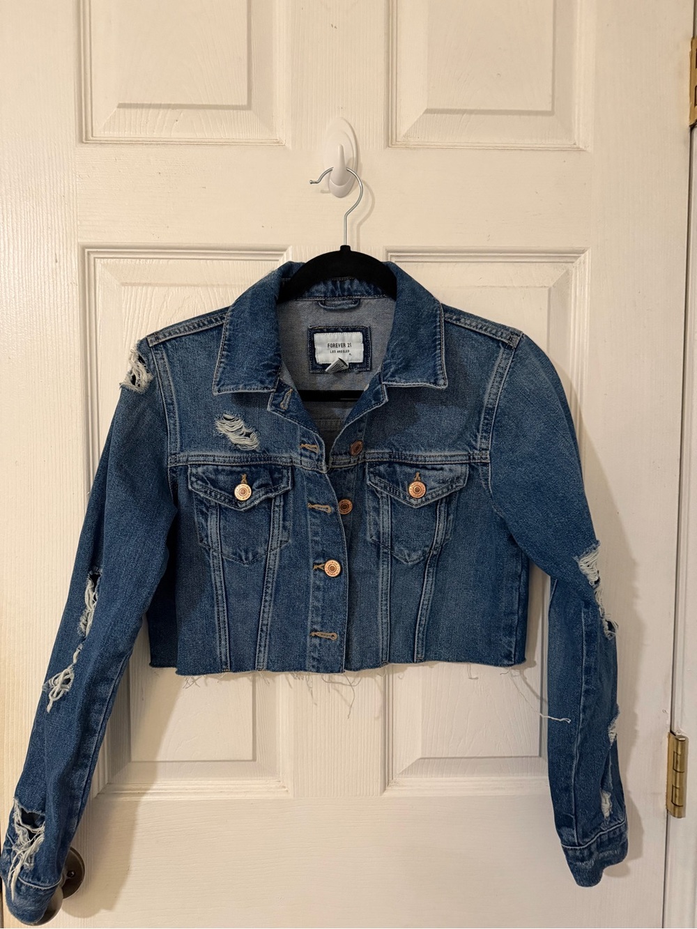 Forever 21 Distressed Cropped Denim Jacket - Medium Blue